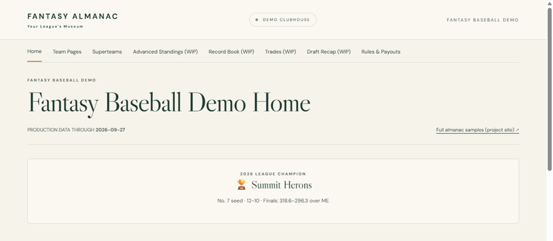 Fantasy League Almanac demo dashboard showing the 2026 season champion block and league home page